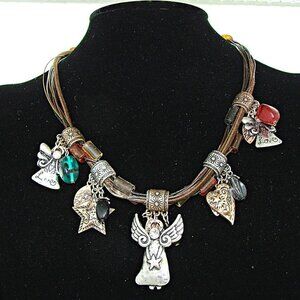 Beaded Silver Copper Rhinestone Leather Rope Necklace Angel Stars Hearts 9"